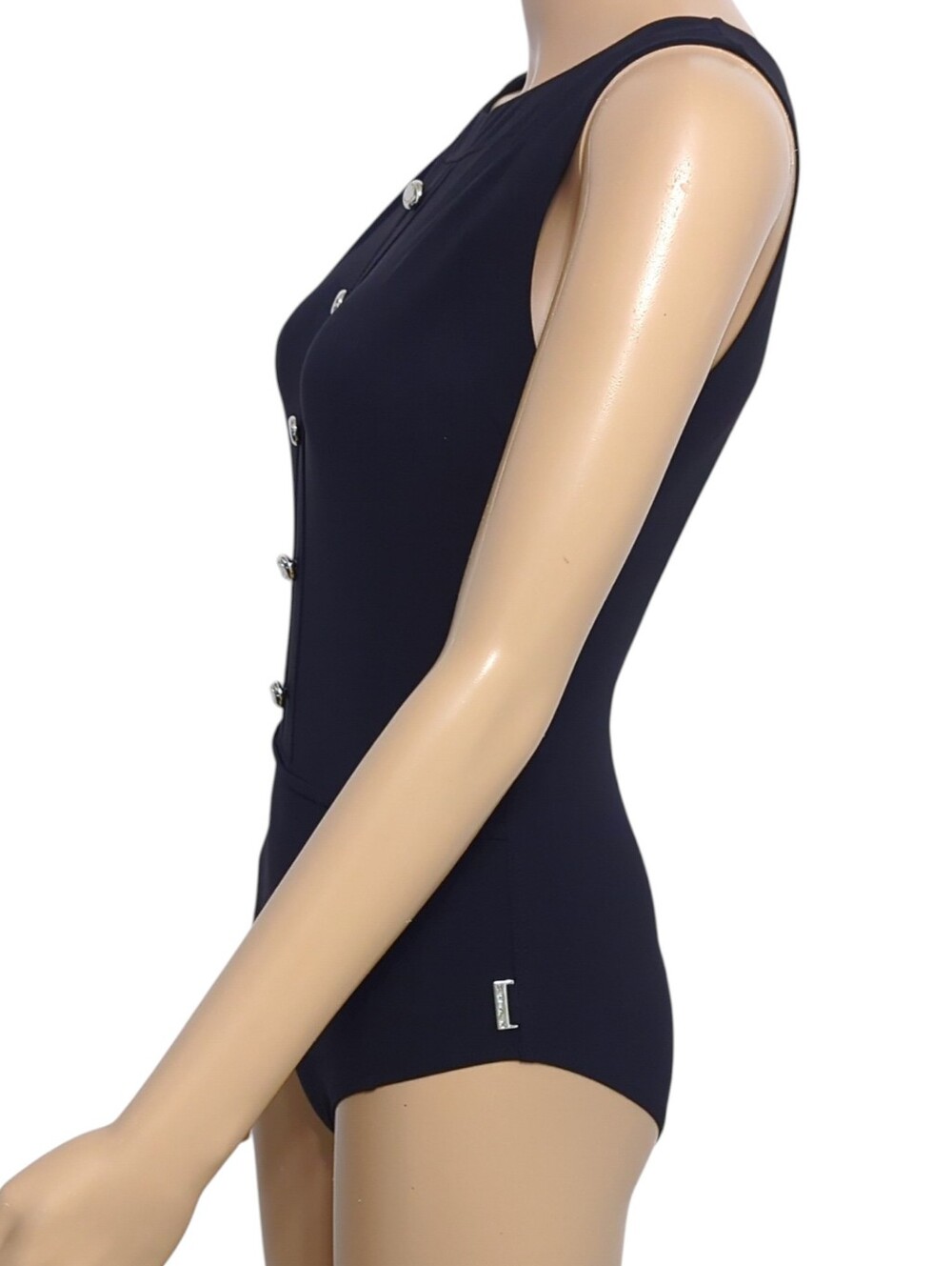 SHAN Black One Piece Swimsuit Underwire Open Back Logo Buttons Size 10 - Picture 4 of 14
